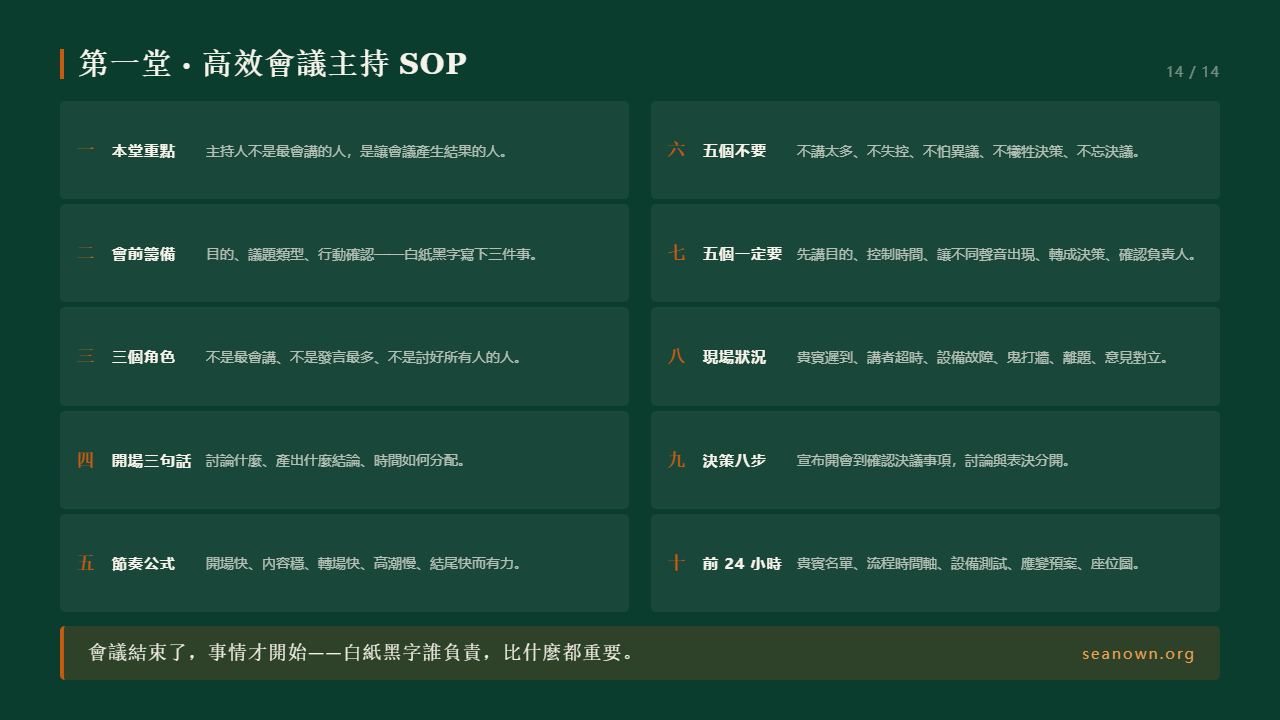 第一堂 · 高效會議主持 SOP 總表